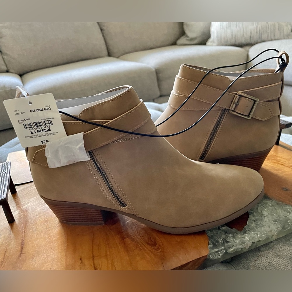 Ana Lotus block heel booties. Tags still on! Sand colored, size 8 & 1/2.